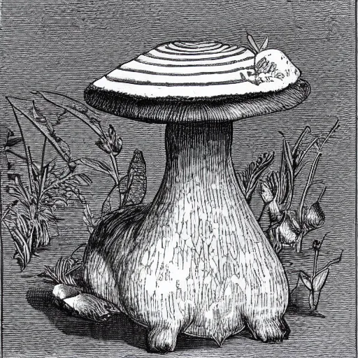 Prompt: botanical technical drawing of a rabbit sitting near a toadstool mushroom :: Cottage core :: fine detailed :: line art :: lithography :: ink detail and color