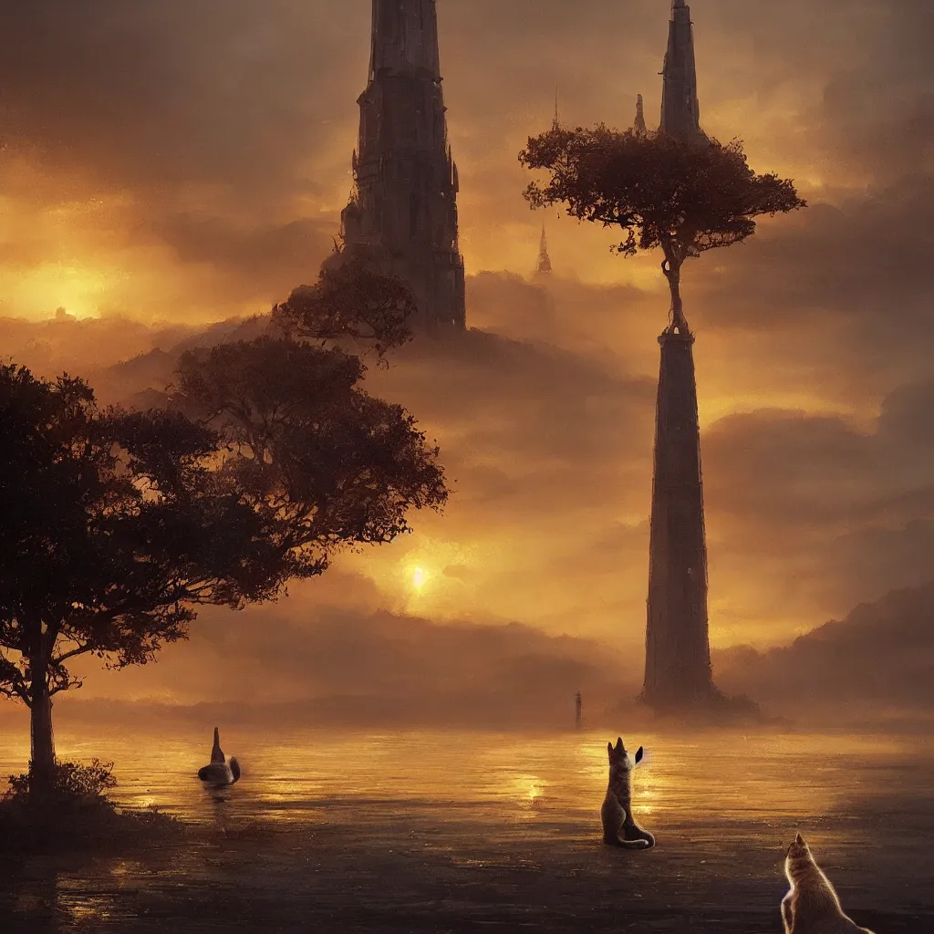 Image similar to lake filed with molten gold, volume lighting, cat on for ground and tower on back ground concept art, by greg rutkowski