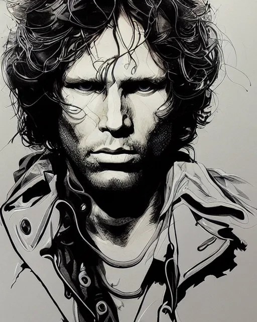 Prompt: portrait of jim morrison, concept art, sumi - e style, intricate linework, artstation, trending, highly detailed, smooth, focus, art by yoji shinkawa and glenn fabry,