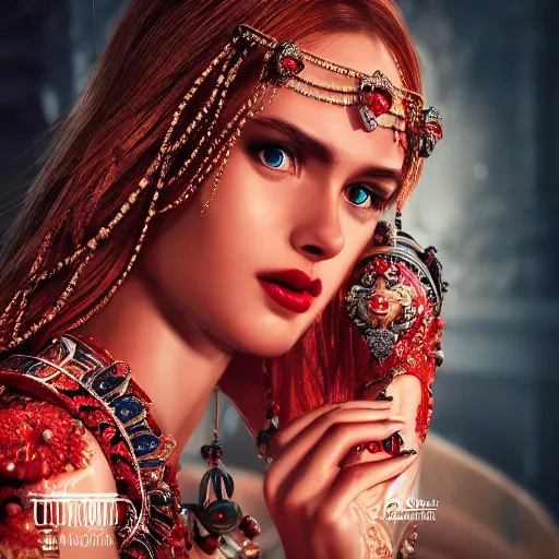 Image similar to photograph of wonderful princess with smooth fair skin, alluring eyes, red jewelry, breathtaking, elegant, ornate, intricate, hyper detailed, accent lighting, dramatic light, 4 k octane render