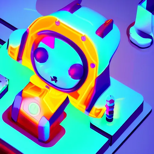 Prompt: Isometric View, Kitty Bot, 3D character, very colourful, cinematic lighting, soft neon, octane render, trending on Artstation