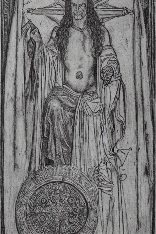 Image similar to realistic medieval etching, intrincate detail, clear cross hatching, detailed faces. by austin osman spare, occult art, alchemical diagram