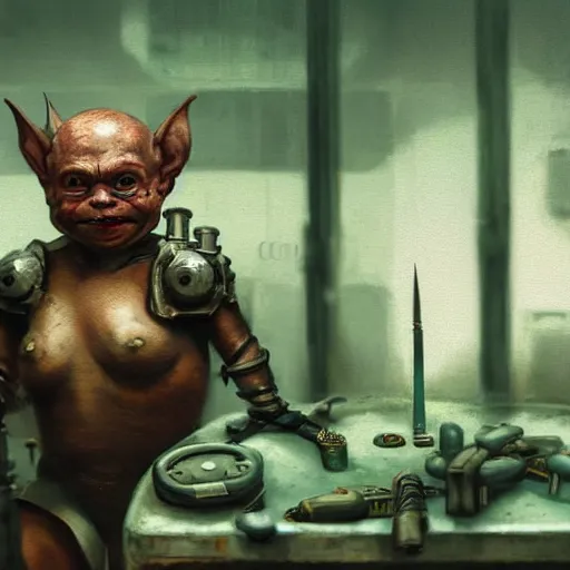 Image similar to closeup portrait of minimalist cyborg midget goblin with painful implants inside byzantine kowloon hoarder workshop filled with dieselpunk equipment, socialist realist composition by by greg rutkowski and h. r. giger and stalenhag and deak ferrand, studio ghibli composition