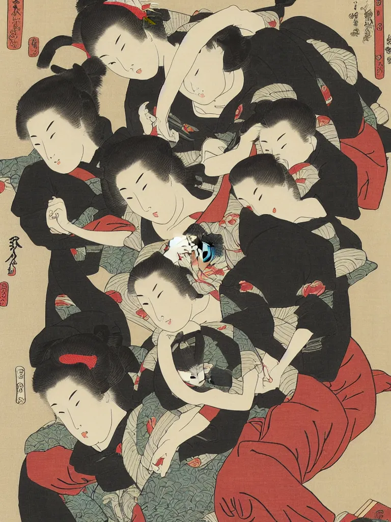 Prompt: Three Women and Three Cats, an ukiyo-e painting by Hokusai