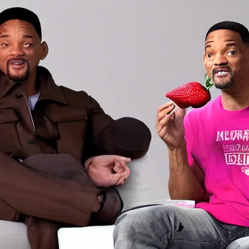 Prompt: will smith relaxed watching the world apocalypse while eating a strawberry ice cream