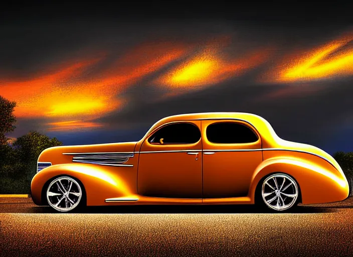 Image similar to beautiful painting, 1 9 3 7 pontiac sedan, two tone, tan with dark brown fenders, california background, sunset, dramatic lighting