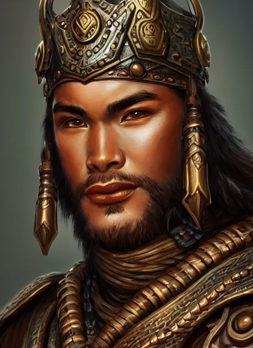 Image similar to smart tai warlord, closeup portrait, historical, ethnic group, traditional tai costume, bronze headset, fantasy, intricate, with leather armor cross onbare chest, elegant, loin cloth, highly detailed, oill painting, artstation, concept art, matte, sharp focus, illustration, hearthstone, art by earl norem