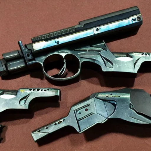 Image similar to Kitbashed Cyberpunk weapons, revolvers, pistols, maximalist, blinn