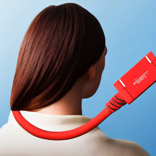 Image similar to hdmi cable plugged in, back of head, woman, computer