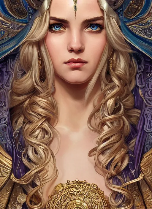 Prompt: Jaina Proudmoore as a Greek Goddess, beautiful detailed eyes, cute, fantasy, intricate, elegant, highly detailed, digital painting, 4k, HDR, concept art, detailed jewelry, smooth, sharp focus, illustration, art by Artgerm, H R Giger and Alphonse Mucha