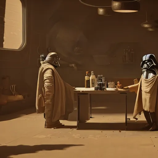 Prompt: cantina scene from star wars, artwork by tooth wu and wlop and beeple and greg rutkowski, 4 k, octane render,