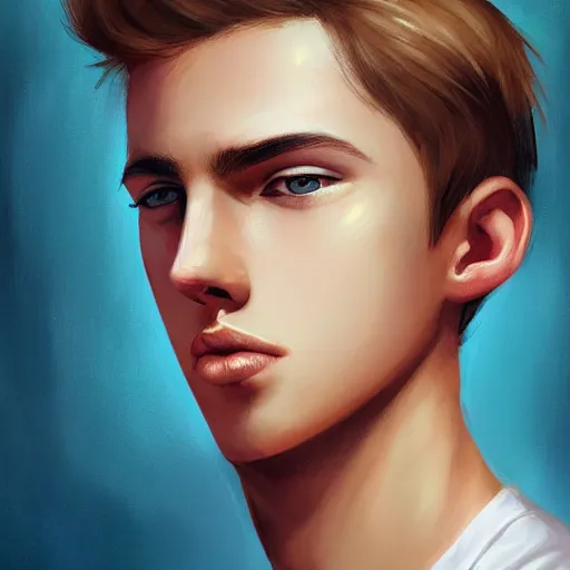 Image similar to colorful Captivating teenage boy with brown blond short quiff hair and thin slightly round facial structure with cleft chin, near eyes, beard, bumpy nose, good definition of cheekbones, Alert brown eyes, narrow face, slim body, atmospheric lighting, painted, intricate, 4k, highly detailed by Charlie Bowater