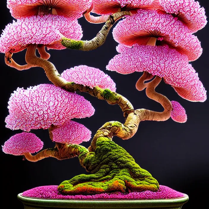 Image similar to extremely psychedelic bonsai made of orchid and cherry blossom tree and mushroom, LSD, diffuse lighting, fantasy, intricate, elegant, highly detailed, lifelike, photorealistic, digital painting, artstation, illustration, concept art, smooth, sharp focus, art by John Collier and Albert Aublet and Krenz Cushart and Artem Demura and Alphonse Mucha