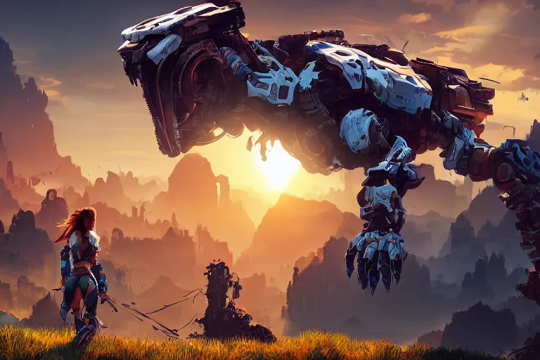 Image similar to scrapper machine mecanical creature robot of horizon forbidden west horizon zero dawn radiating a glowing aura global illumination ray tracing hdr fanart arstation by ian pesty and alena aenami artworks in 4 k