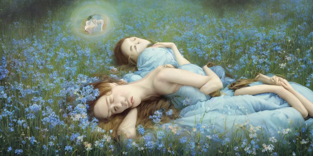 Image similar to breathtaking detailed concept art painting of the sleeping in meadow goddesses of light blue flowers, orthodox saint, with anxious, piercing eyes, ornate background, amalgamation of leaves and flowers, by Hsiao-Ron Cheng, Miho Hirano, extremely moody lighting, 8K