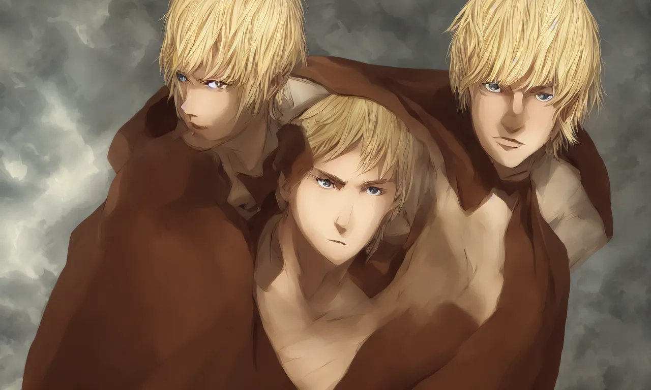 prompthunt: blonde boy with golden eyes wearing a brown cape, anime  screenshot, mappa studio artstyle, hyper realistic, pale skin, 4 k, rule of  thirds, extreme detail, detailed drawing, trending artstation, hd, fantasy