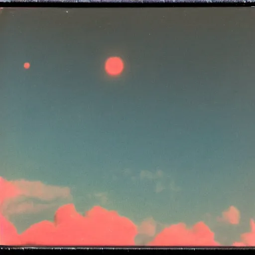 Prompt: vintage polaroid of an alien landscape, detailed clouds, planets visible in the sky, warm azure tones, red color bleed, film grain