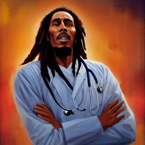 Image similar to bob marley in scrubs as a doctor, by greg rutkowski, great colors, trending on artstation