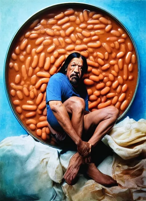 Prompt: ultrawide angle colour portrait masterpiece photography of danny trejo sitting in a kiddie pool of baked beans shot by annie leibovitz michael cheval miho hirano moebius josh kirb