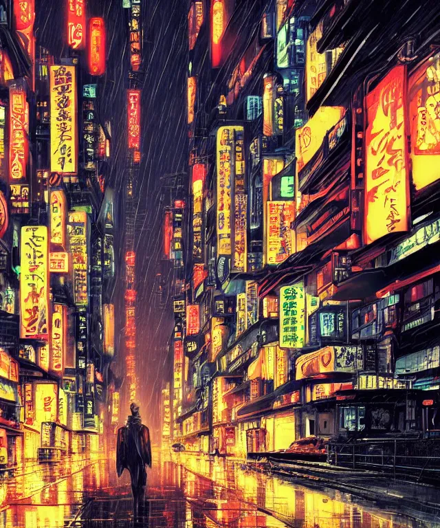 Prompt: insane perspective of street upvue from neo tokyo with a big red robot waiting,, humid ground, artstation, art by françois schuiten, disney fantasy style, blade runner rainy mood, people and creatures walking holding neon ombrellas, volumetric light, neon lights, bokeh light from top, science fiction elements, lampposts, rainy mood