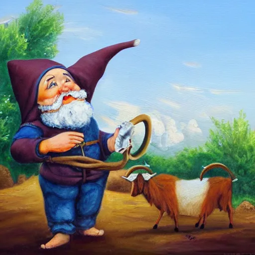 Image similar to a gnome having delight with goat manure, a detailed oil painting