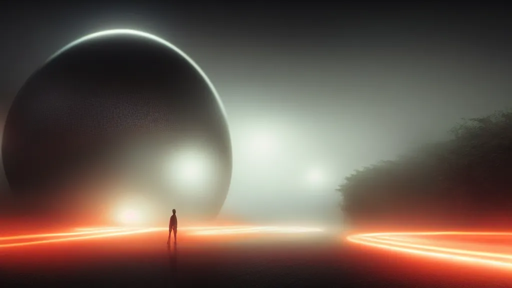 Image similar to thin luminous threads stretch from a black sphere that is in the sky above a small village with many houses in the fog, fog, volumetric lighting, mystique, atmospheric, sharp focus, ultra detailed, ross tran, thierry doizon, kai carpenter, ignacio fernandez rios, noir art house, 4 k, 3 5 mm