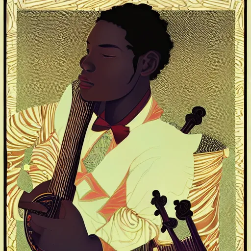 Prompt: black male lute player playing the lute, victo ngai, kilian eng, lois van baarle