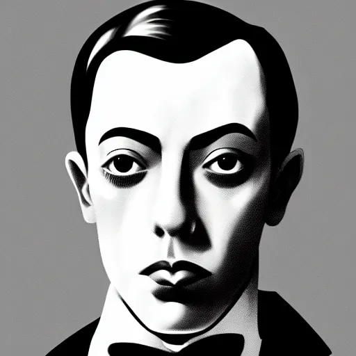 Image similar to portrait of young buster keaton, handsome, smooth, fine, striking features, anime fantasy illustration by araki hirohiko, lucky land communications, david production inc., kyoto studio, madhouse, ufotable, trending on artstation