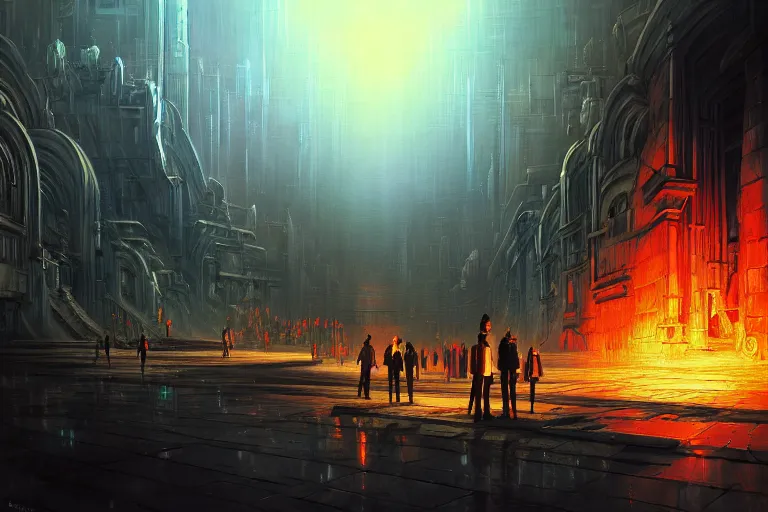 Image similar to baroque oil painting of anime key visual environment concept art of the gates of hell in the middle of a futuristic city, brutalist, dark fantasy, rule of thirds, digital cel shading, fake hidden detail, trending on pixiv fanbox, acrylic palette knife and brush, style of makoto shinkai studio ghibli jamie wyeth james gilleard greg rutkowski