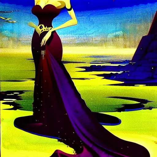 Prompt: a beautiful painting of a queen in a designer dress sitting on a throne, by bruce pennington, by eyvind earle, nicholas roerich, by frank frazetta, by georgia o keeffe, by dean cornwell, highly detailed, contest winner, eerie, ominous, tonalism, jewels, rich baghdad, oriental, desaturated, anime