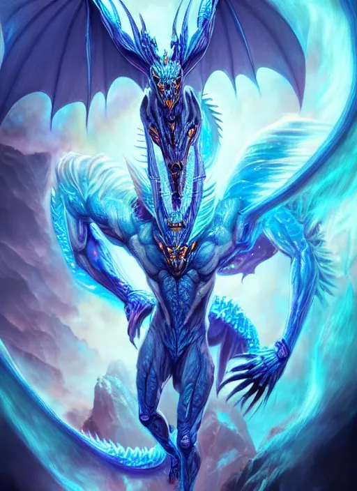 Image similar to muscular and tall blue ghostly fire humanoid dragon!!!! draconian!! intricate ornate iridescent exoesqueleton!! character concept art, sharp focus, octane render! unreal engine 5! highly rendered!! trending on artstation!! detailed linework!! illustration by artgerm, wlop, and chie yoshii