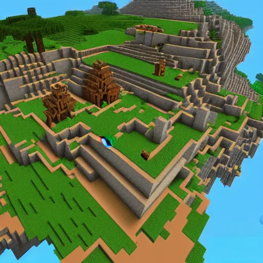 Image similar to an ancient minecraft city near jagged peaks next to a mangrove swamp with luch caves near the ocean with a ruined portal nearby