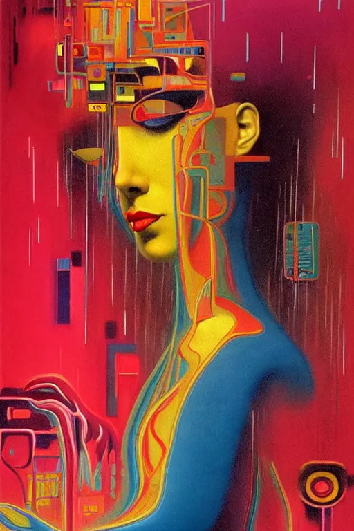 Image similar to 8 0 s art deco close up portait of miss of the world, rain like a dream oil painting curvalinear clothing cinematic dramatic cyberpunk textural fluid lines otherworldly vaporwave interesting details fantasy lut epic composition by basquiat zdzisław beksinski james jean artgerm rutkowski moebius francis bacon gustav klimt