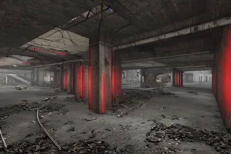 Image similar to ruined, abandoned, underground metro station, seen from inside. Pitch black darkness, red flares on the ground is the only lightsource. Smoke. Dirt, leaves on ground. Unreal Engine. Substance painter. Zbrush. Trending on artstation. 8K. Highly detailed.