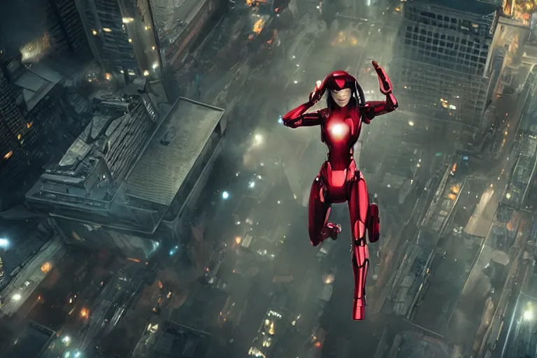 Prompt: vfx marvel sci-fi woman super hero robot photo real full body action pose, flying over city street cinematic lighting by Emmanuel Lubezki