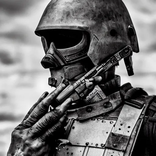 Image similar to Weeping modern mercenary wearing grey body armor smoking a cigarette in the aftermath of a bloody battle, photo by Adam Ferguson in 2022, Pulitzer Winning, cinematic composition, breathtaking, modern, 2022