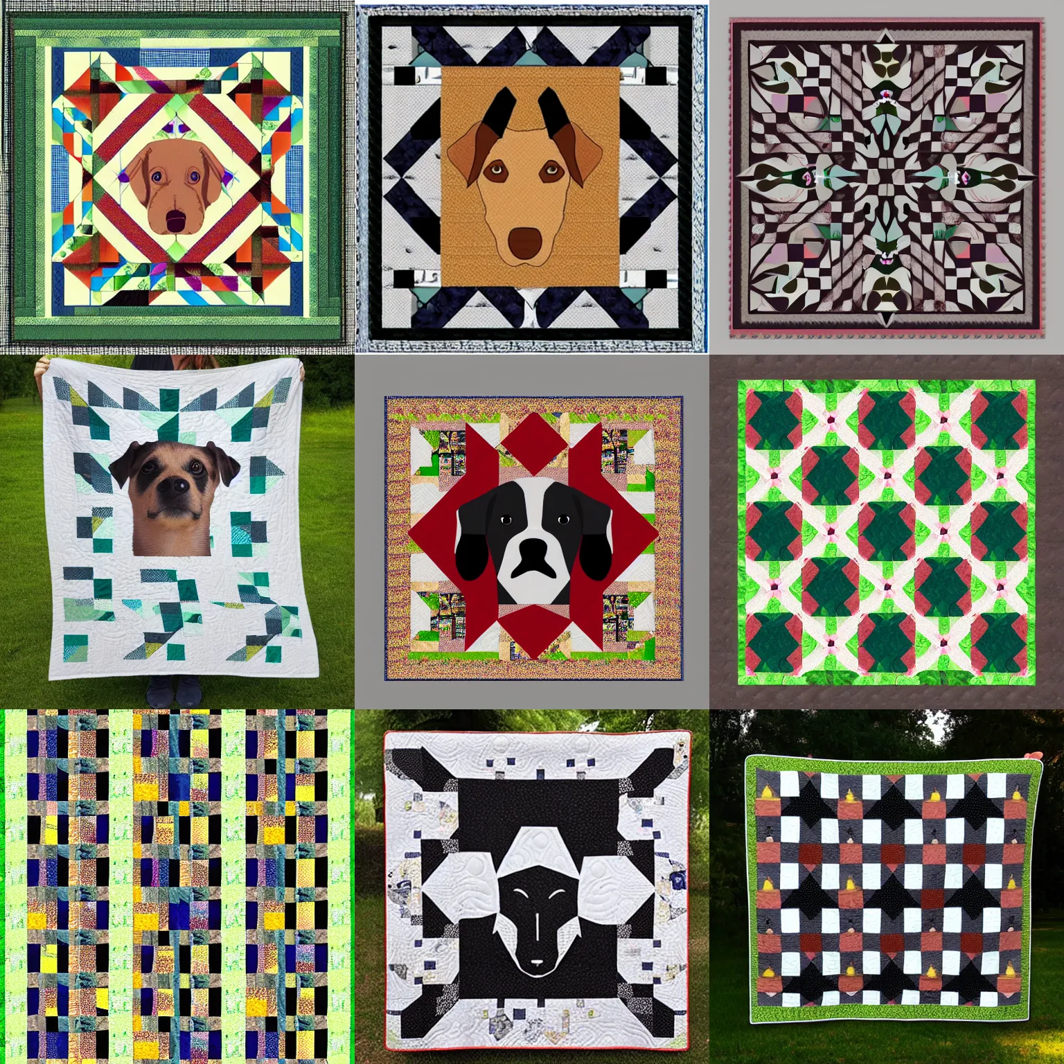 Prompt: photorealistic symmetrical quilt pattern of dog