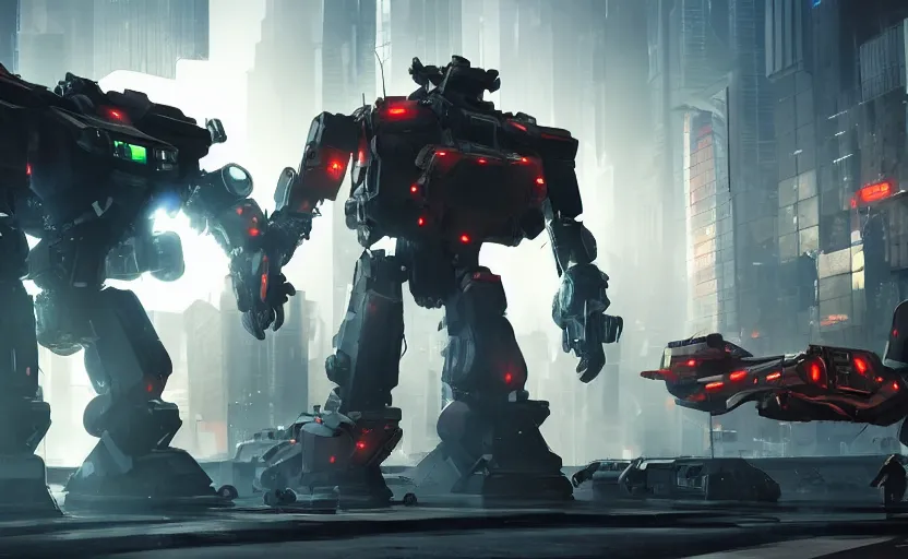 Prompt: an epic fight between two giant weaponized mechs in the middle of a futuristic new york city, futuristic, epic, cinematic, raytracing, cyberpunk, 4 k