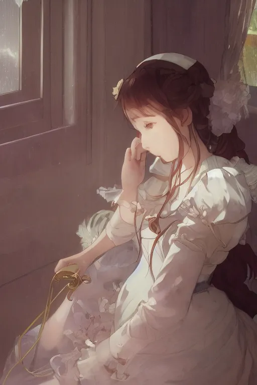 Image similar to a young lolita dressed girl in a maid's outfit in the bedroom typing front the notebook a night, raining outside the window, wavy white long hair, by krenz cushart and mucha and akihito yoshida and makoto shinkai and greg rutkowski, 4 k resolution