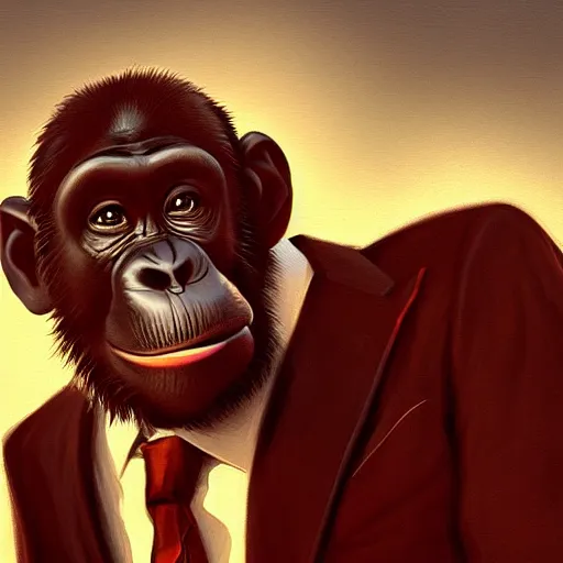 Image similar to a chimp wearing a suit smoking a cigar, dramatic lighting, cinematic, establishing shot, extremly high detail, photorealistic, cinematic lighting, artstation, style by James Gurney