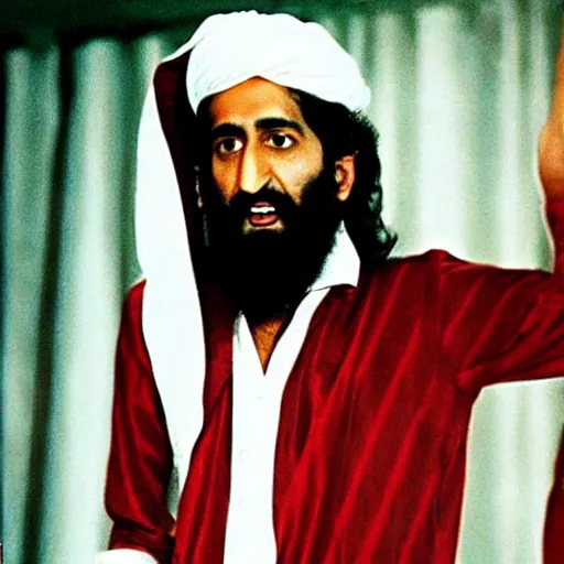 Image similar to A still of Osama Bin Laden wearing a disco suit in Saturday Night Fever