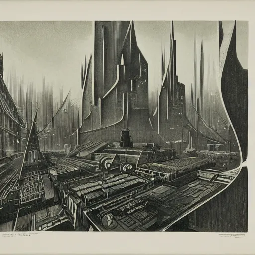 Image similar to 1888 aquatint of futuristic city,