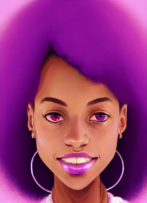 Prompt: portrait of vanessa morgan, black teenage girl, pink hair, pixie haircut, purple cap, hoop earrings, subtle confident smile, intricate, elegant, glowing lights, highly detailed, digital painting, artstation, concept art, sharp focus, illustration, art by wlop, mars ravelo and greg rutkowski