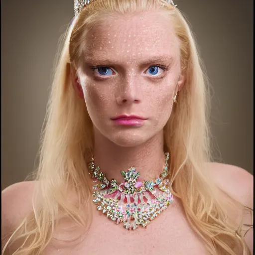 Prompt: close up headshot of a princess with long blonde hair and light blue eyes wearing a strapless elaborately beaded pink dress, high resolution film still, 8k, HDR color, film by Simon Langton and David Frankel, triangular face, slight freckles, round narrow chin, straight jawline, natural lips, high cheekbones, beautiful gazing eyes