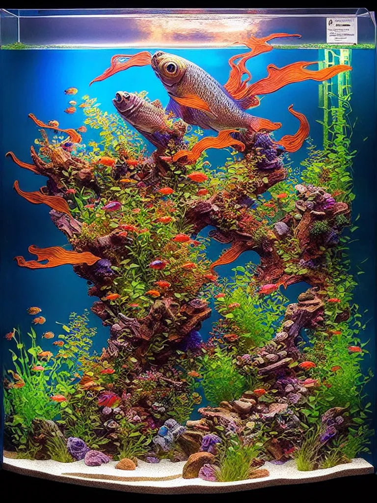 Prompt: intricate detailed mechanical fish aquarium glass display james gurney, lisa frank, dan luvisi, petros afshar, tim hildebrandt, liam wong, mark riddick, thomas kinkade, ernst haeckel, dan mumford, trending on artstation, josephine wall, wlop, cgsociety by gediminas pranckevicius, trending on cgsociety and deviantart