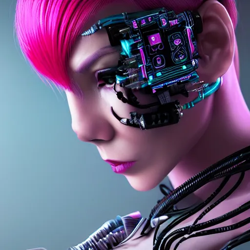 Image similar to portrait of a beautiful mexican woman with pink hair as a cyberpunk cyborg half robot, revealing wires and electronics, circuit boards, wire management, sci - fi, missing panels, intricate abstract upper body intricate artwork, concept art, octane render, deviantart, cinematic, key art, hyperrealism, iridescent accents, portrait photograph, nikon 3 5 mm, photograph by greg rutkowski