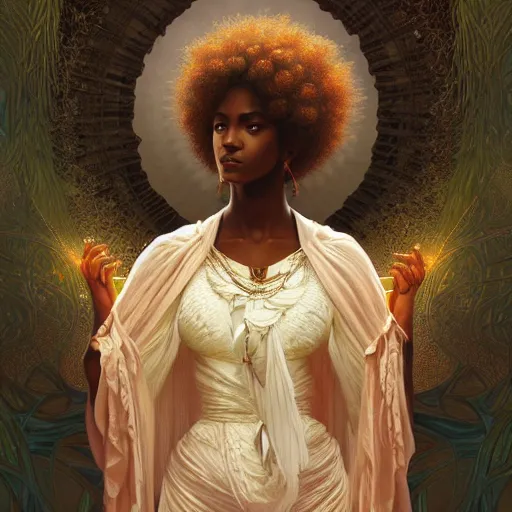 Image similar to portrait of an afro goddess, intricate, elegant, highly detailed, digital painting, artstation, concept art, smooth, sharp focus, illustration, art by artgerm and greg rutkowski and alphonse mucha and william - adolphe bouguereau