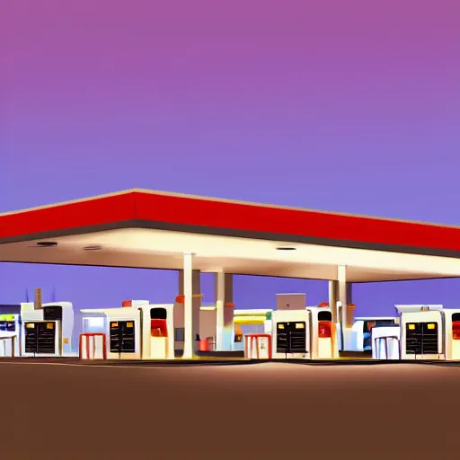 Prompt: a digital rendering of a gas station at night by george ault, retrofuturism, concept art, matte drawing, reimagined by industrial light and magic