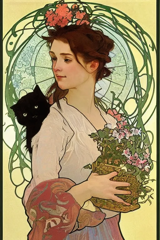 Image similar to a woman holding a cat in a floral basket, Alphonse Mucha background,