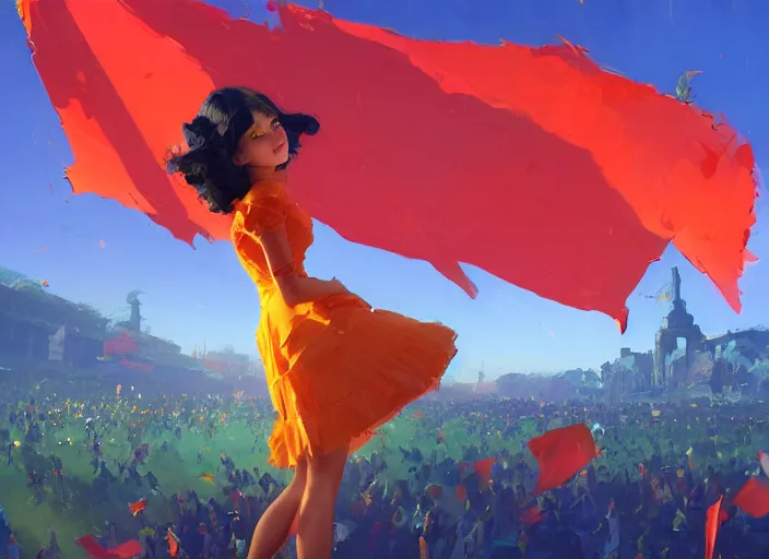 Image similar to gorgeous bright girl waving a red flag over her head running through Mandelbrot fractal crowd by Craig Mullins, ilya kuvshinov, krenz cushart, artgerm trending on artstation by Edward Hopper and Dan Mumford and WLOP and Rutkovsky, Unreal Engine 5, Lumen, Nanite